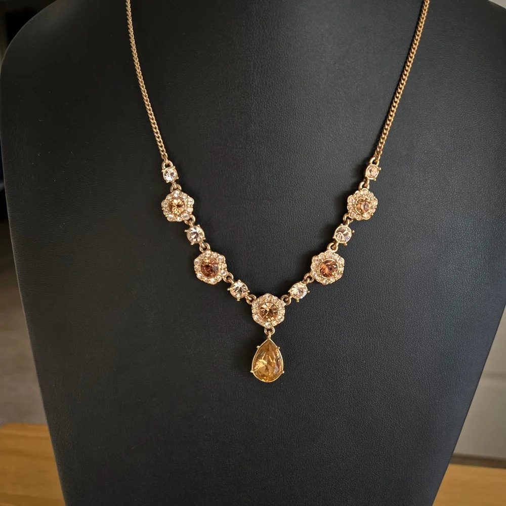 Givenchy Gold-Tone Crystal Amber Hue Tear Drop Signed Vintage Necklace